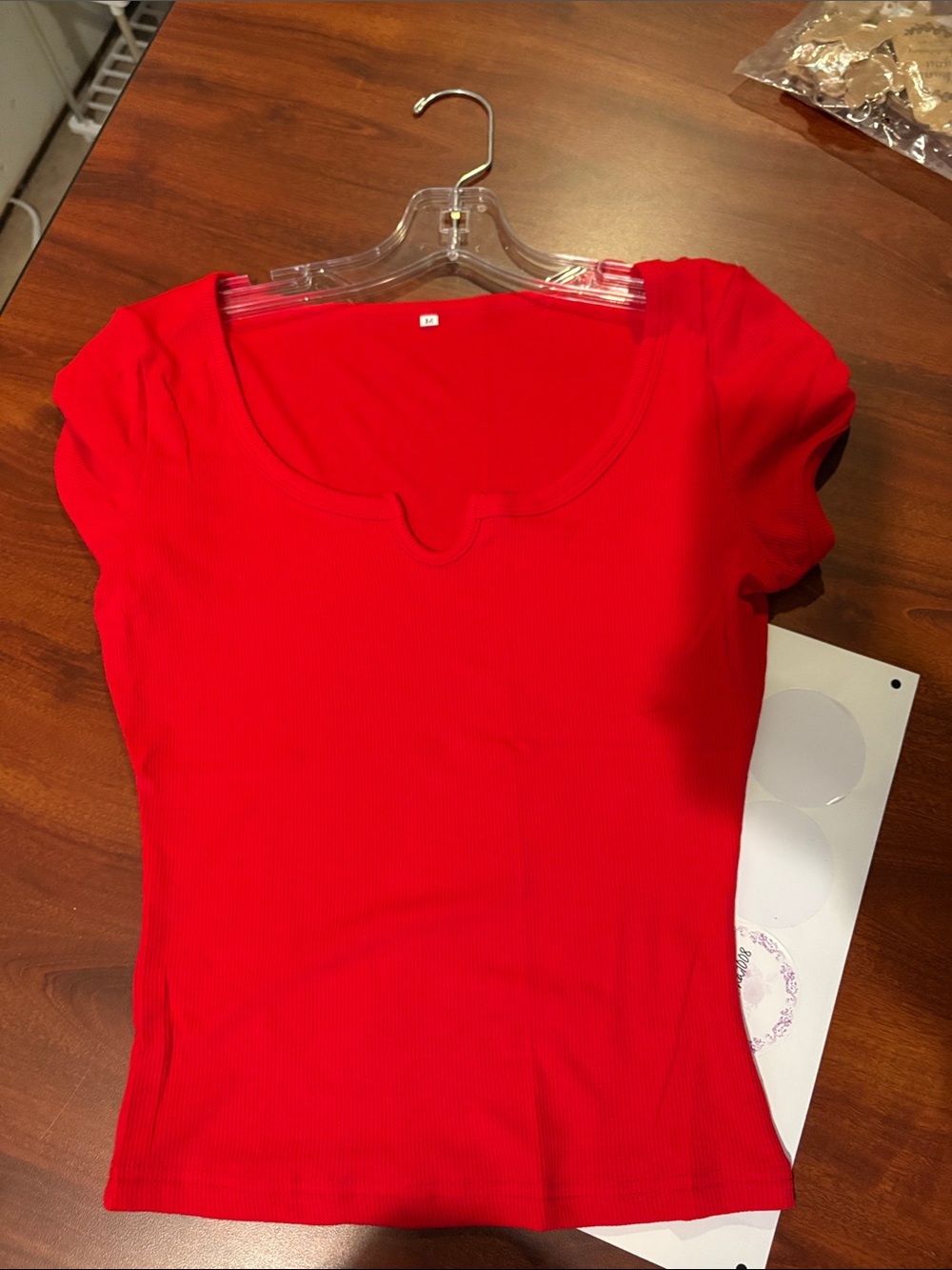 Amazon Red Scoop-Neck Ribbed Short Sleeve Top
